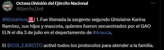 Anuncio Octava División del Ejército sobre la liberación de la sargento con sus hijos.