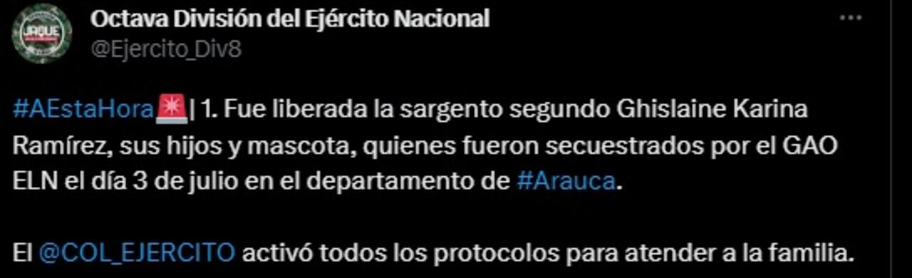 Anuncio Octava División del Ejército sobre la liberación de la sargento con sus hijos.