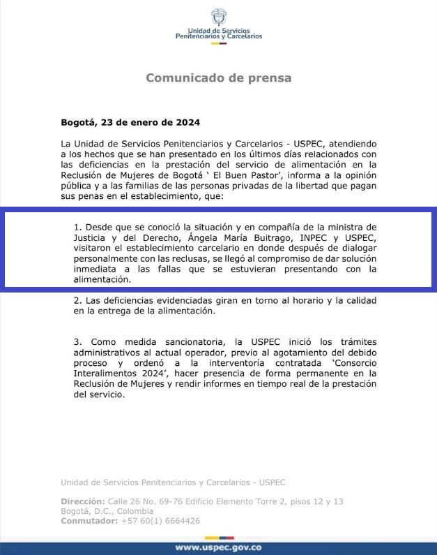 Respuesta de la Uspec a la huelga de hambre en la cárcel El Buen Pastor, de Bogotá.