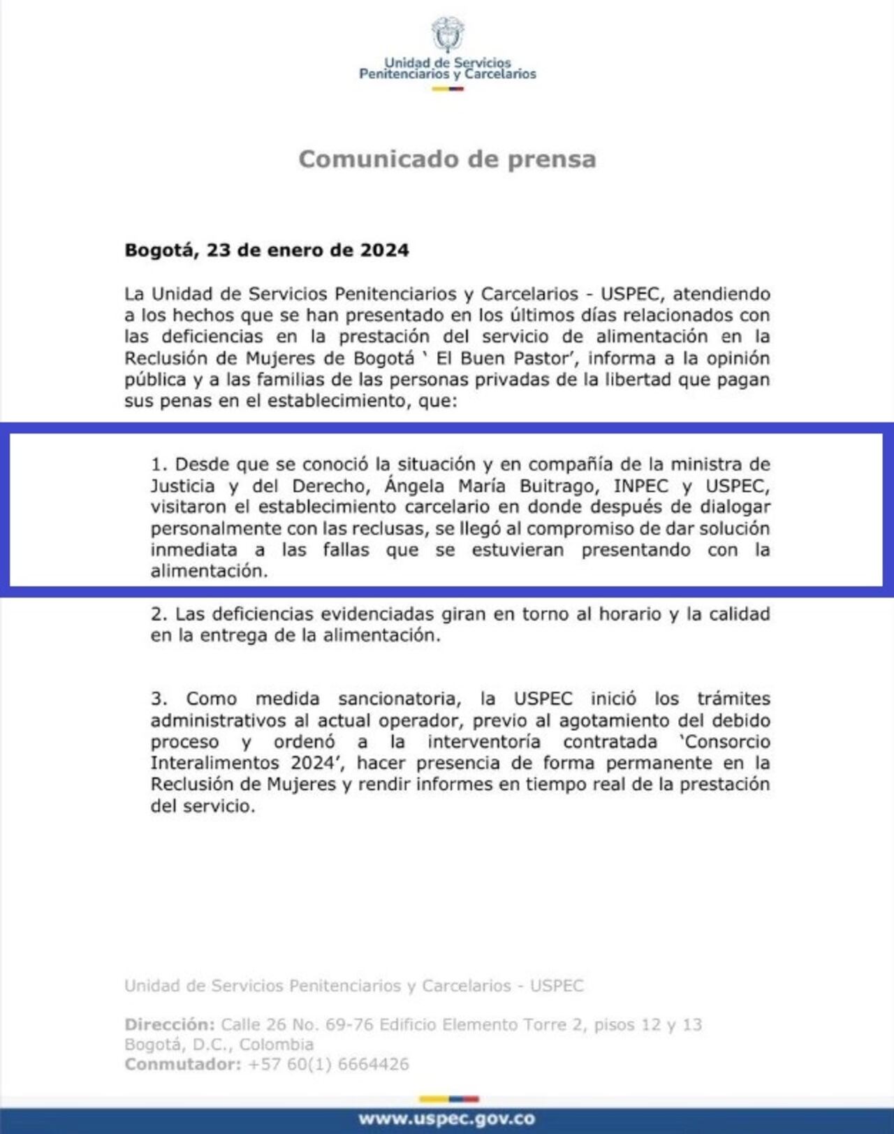 Respuesta de la Uspec a la huelga de hambre en la cárcel El Buen Pastor, de Bogotá.