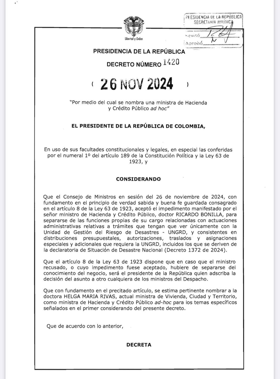 Decreto impedimento Ricardo Bonilla