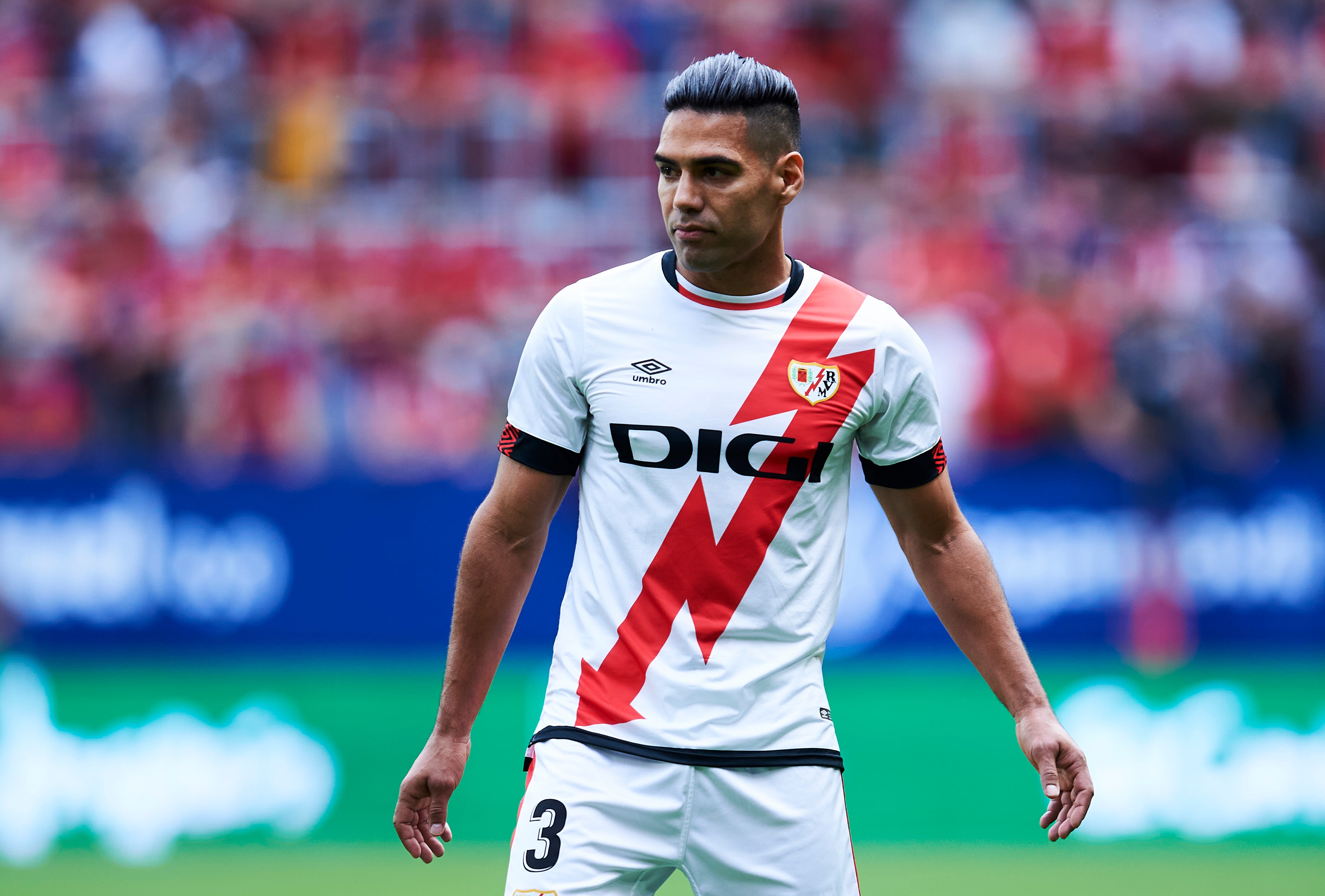 PAMPLONA, SPAIN - OCTOBER 02: Radamel Falcao Garcia of Rayo Vallecano reacts during the La Liga Santander match between CA Osasuna and Rayo Vallecano at Estadio El Sadar on October 02, 2021 in Pamplona, Spain. (Photo by Juan Manuel Serrano Arce/Getty Images)