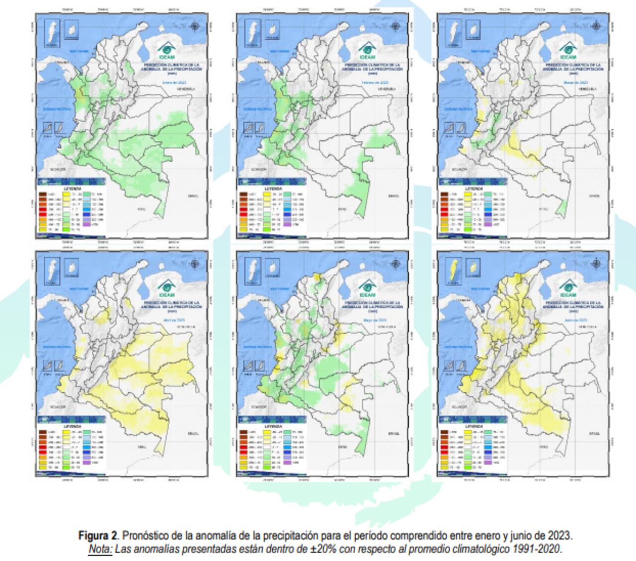 El aumento del 20% de las lluvias se presentará en el territorio. Cada mapa corresponde a un mes. Las zonas verdes y amarillas son los sitios donde habrán lluvias y alteraciones del clima, siendo los amarillos más fuertes que los verdes.