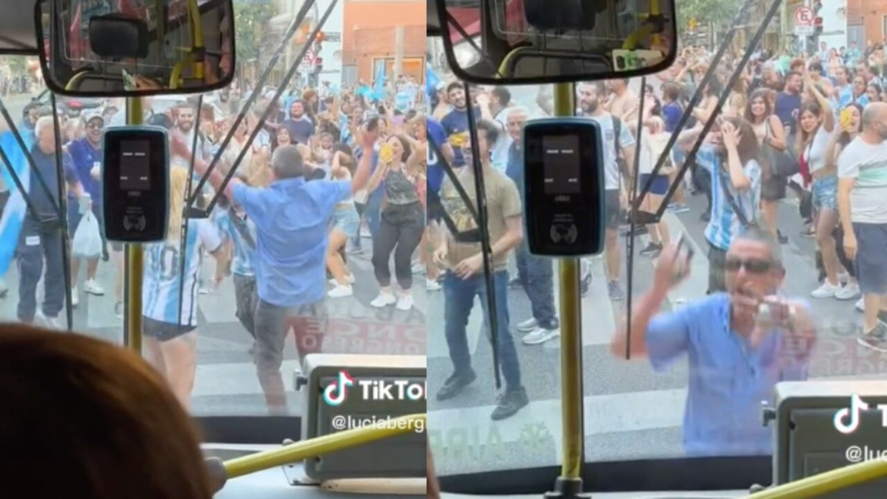 El chofer celebrando con los demás hinchas.