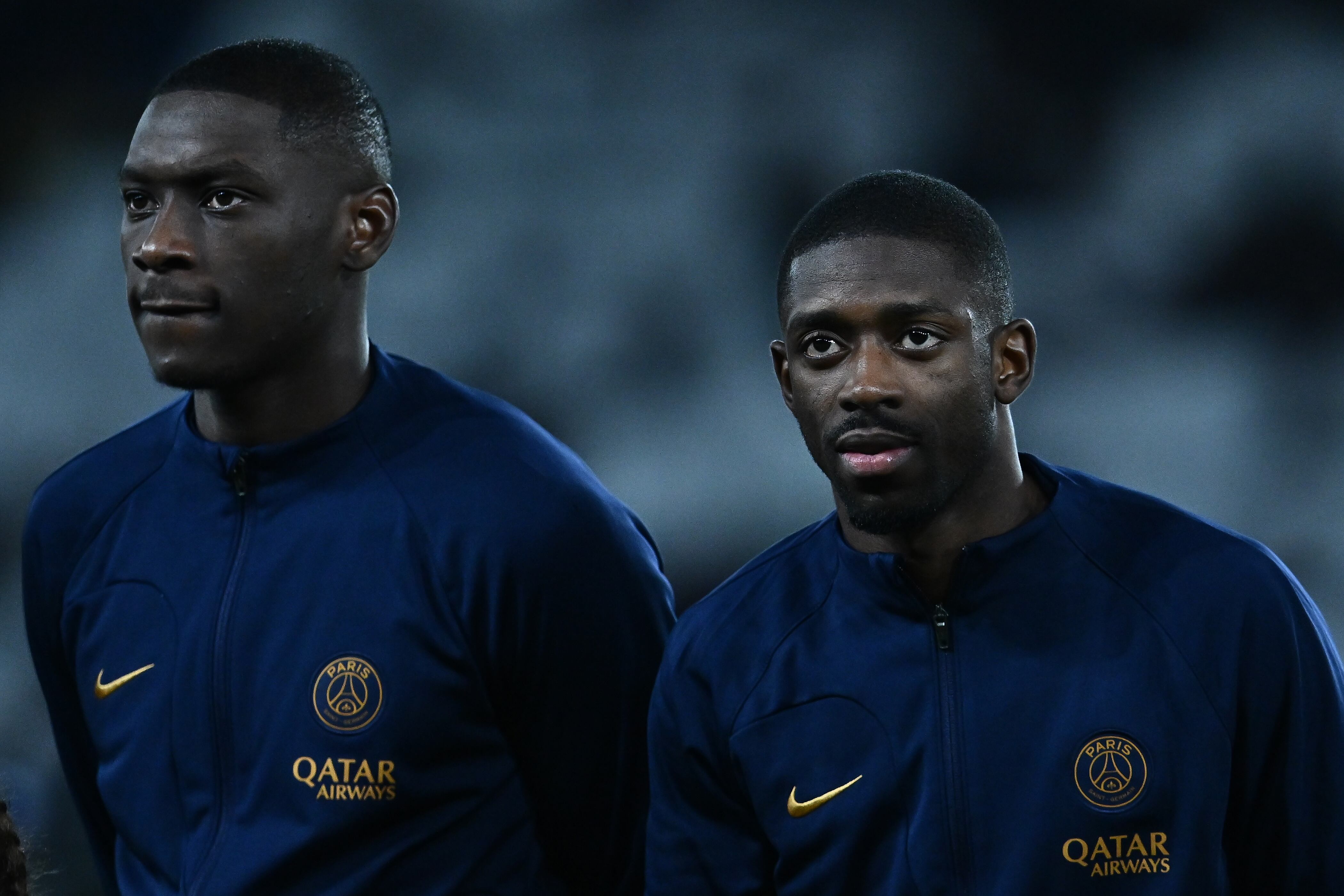 PARIS, FRANCE - NOVEMBER 28: Randal Kolo Muani, Ousmane Dembele of Paris Saint-Germain looks on during the UEFA Champions League match between Paris Saint-Germain and Newcastle United FC at Parc des Princes on November 28, 2023 in Paris, France. (Photo by Sebastian Frej/MB Media/Getty Images)