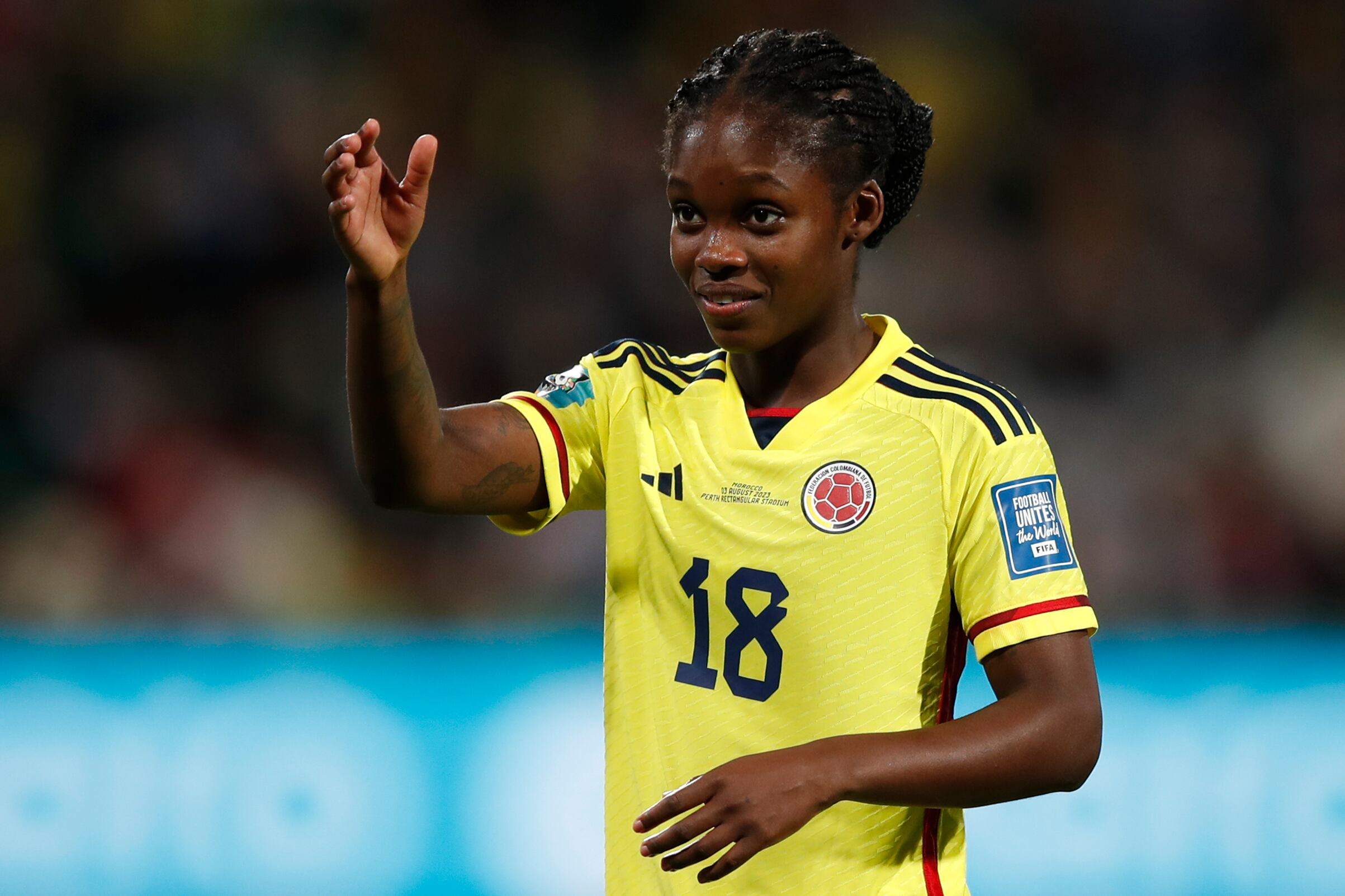 Linda Caicedo de Colombia gesticula durante el partido de fútbol del Grupo H de la Copa Mundial Femenina entre Marruecos y Colombia en Perth, Australia, el jueves 3 de agosto de 2023. (Foto AP/Gary Day)