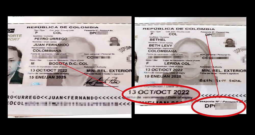   Estos son los pasaportes diplomáticos que fueron expedidos por la Cancillería. Juan Fernando Petro reconoció el trámite, pero en el Gobierno Petro nadie sabe por qué se expidieron.