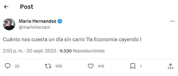 Trino de Mario Hernández sobre el Día sin carro y sin moto en Bogotá.