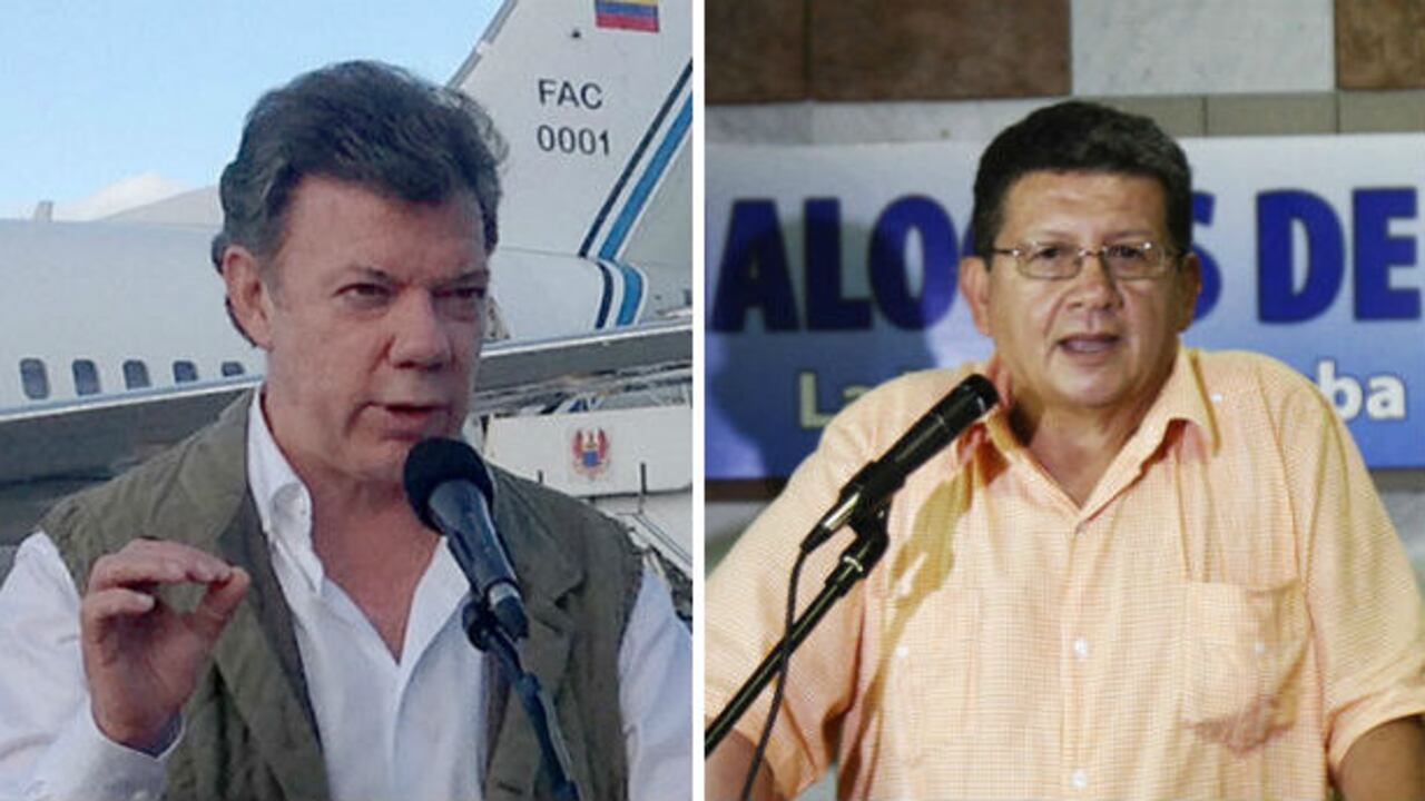 Juan Manuel Santos en Catam en el momento en el que ordena a su equipo negociador regresar. Pablo Catatumbo en el instante que anuncia la pausa en las negociaciones.