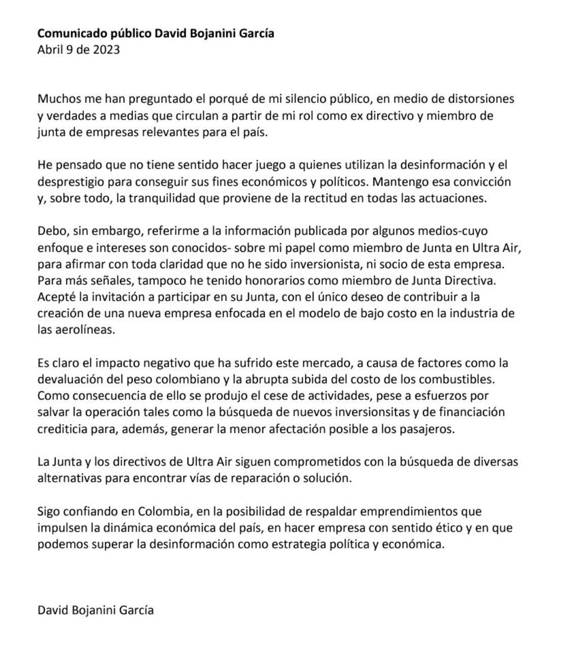 Este es el comunicado publicado por David Bojanini referente a la quiebra de Ultra Air.