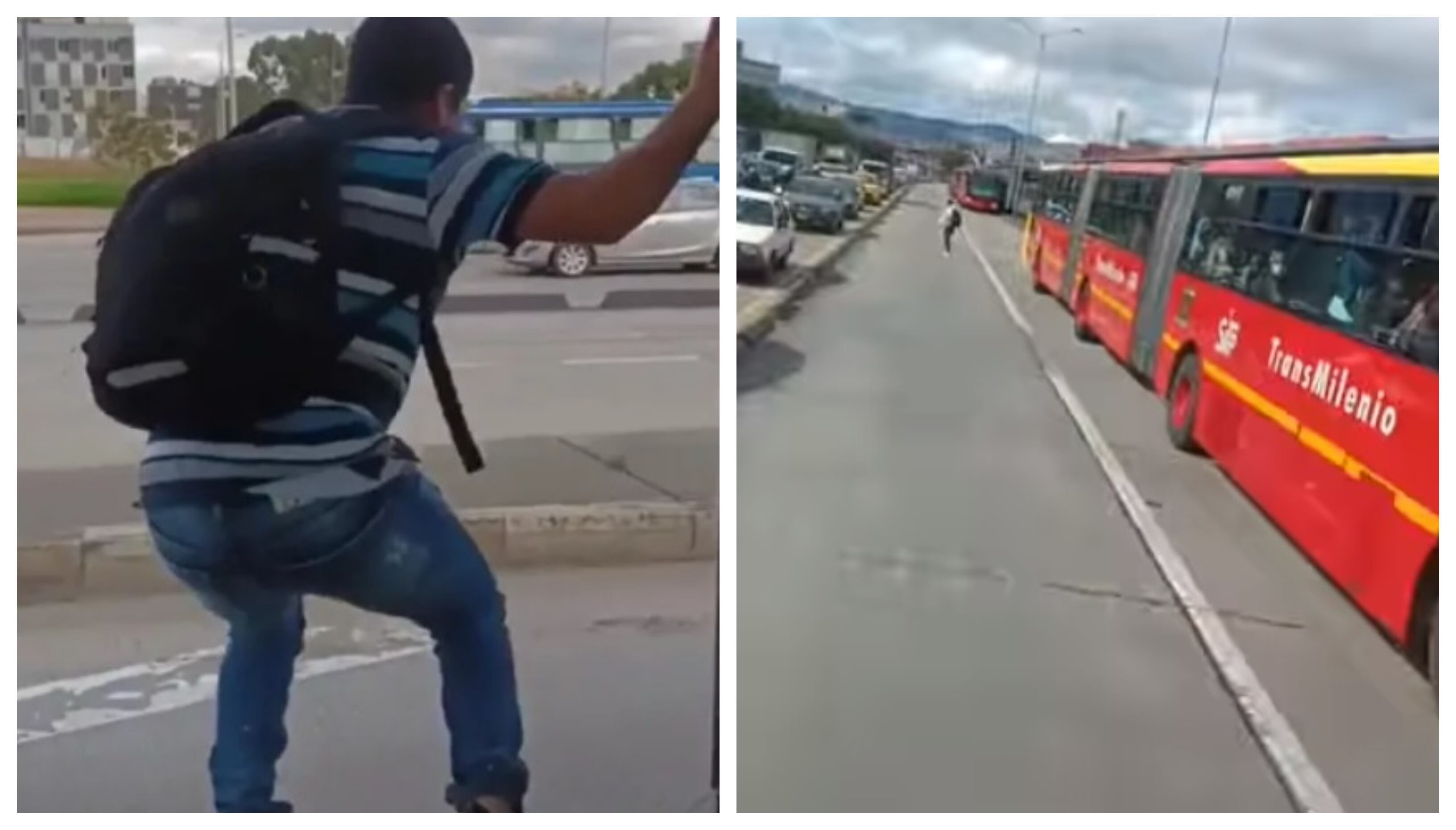 Hombre lanzándose de un bus de TransMilenio en movimiento.