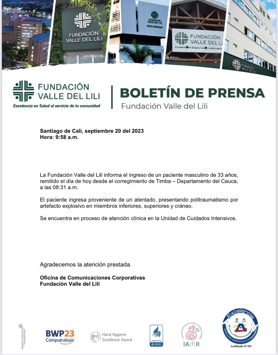 Comunicado Fundación Valle del Lili.