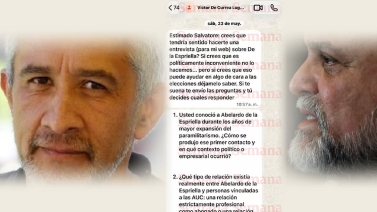 De izquierda a derecha: Víctor de Currea-Lugo, asesor del Departamento Administrativo de la Presidencia (Dapre) en el gobierno de Gustavo Petro; el chat que él envió y Salvatore Mancuso, paramilitar desmovilizado.