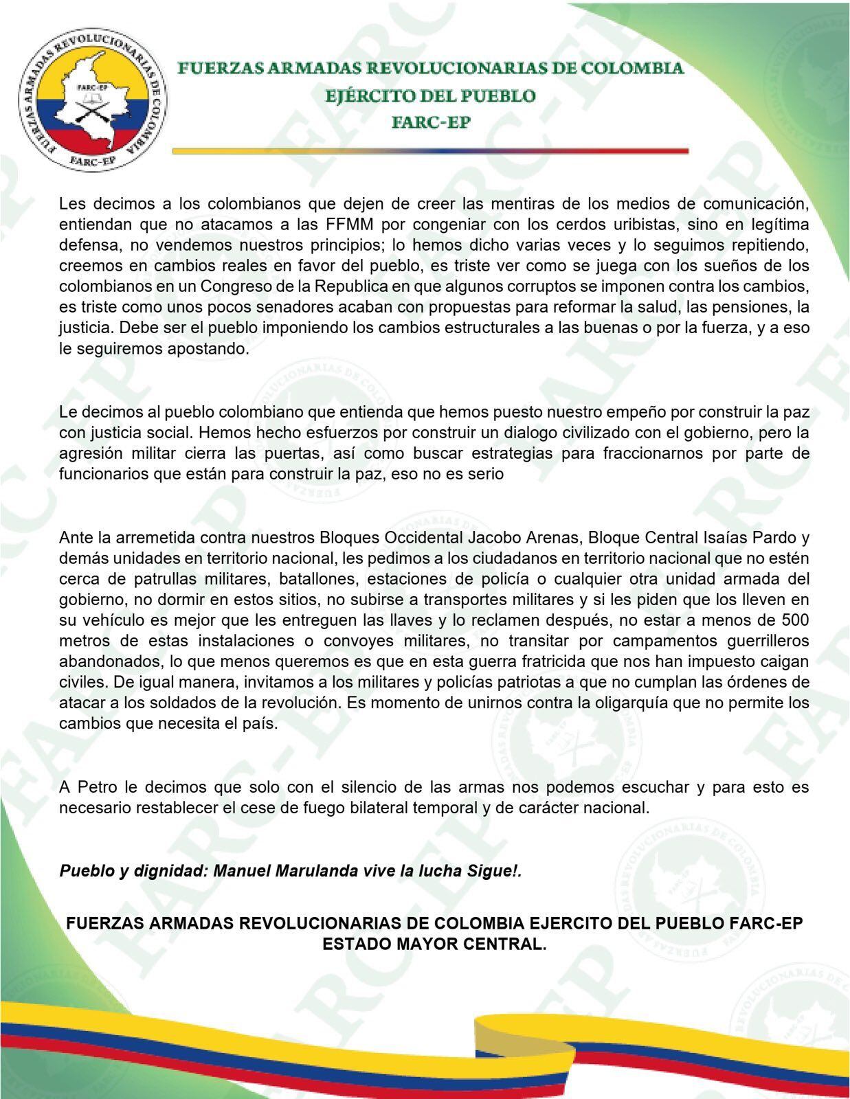 Comunicación Farc de Iván Mordisco