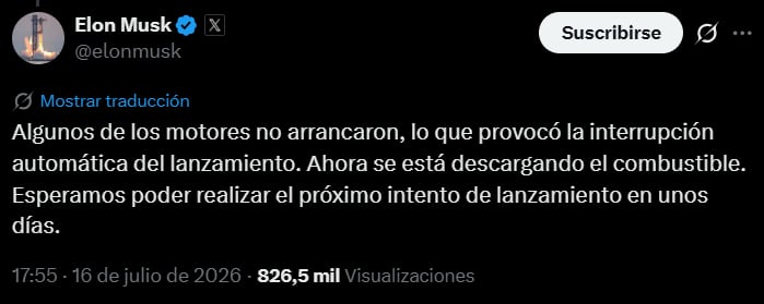 El lanzamiento fue abortado tras una falla en el encendido de varios motores.