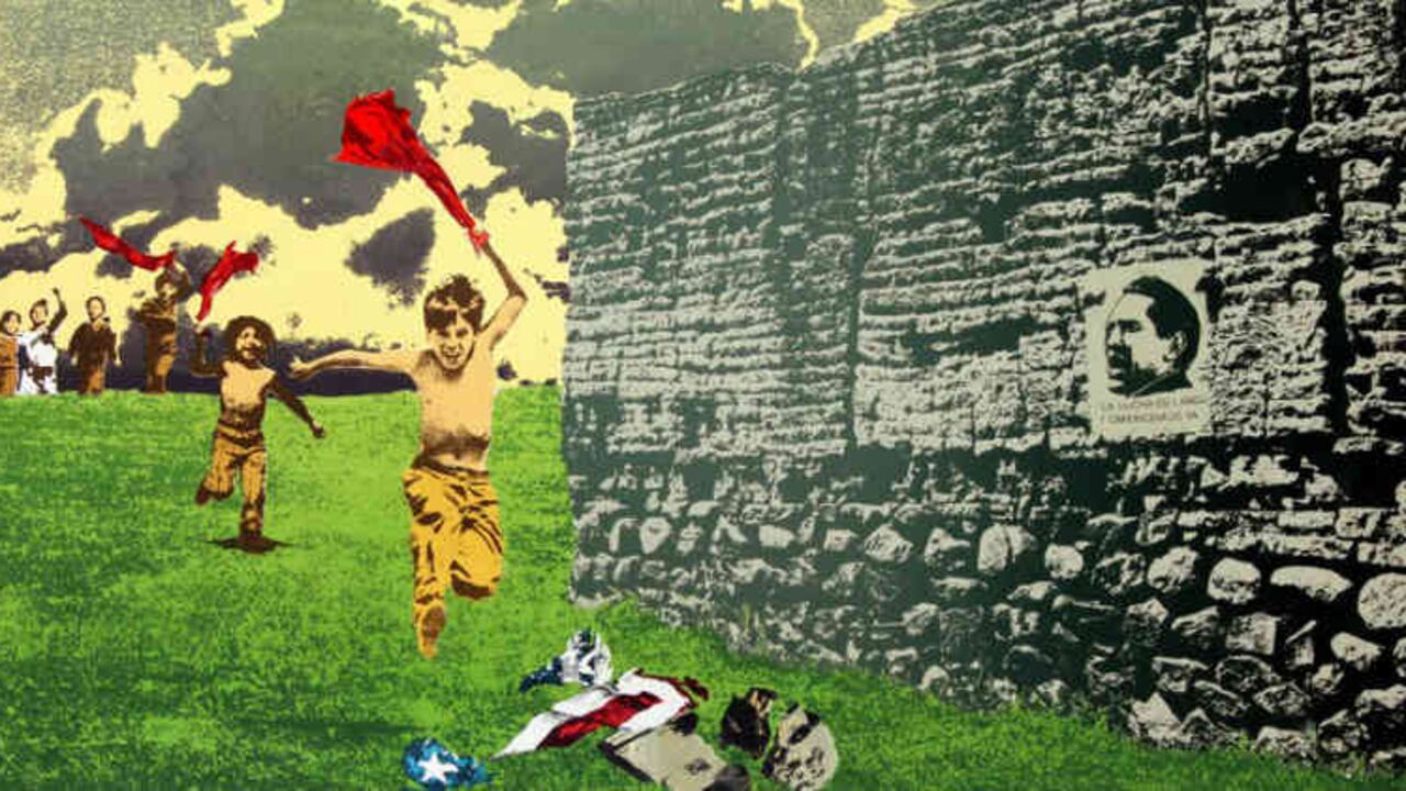 Serigrafía de 1971 del colectivo Taller 4 Rojo, que incluye un afiche de Camilo Torres diciendo: "La lucha es larga, comencemos ya".