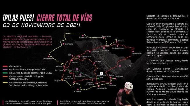 Cierres viales en Medellín por el Giro de Rigo de este 3 de noviembre del 2024