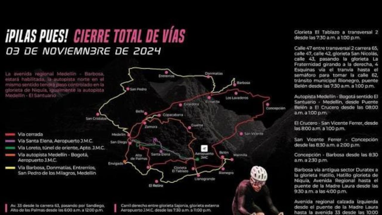 Cierres viales en Medellín por el Giro de Rigo de este 3 de noviembre del 2024