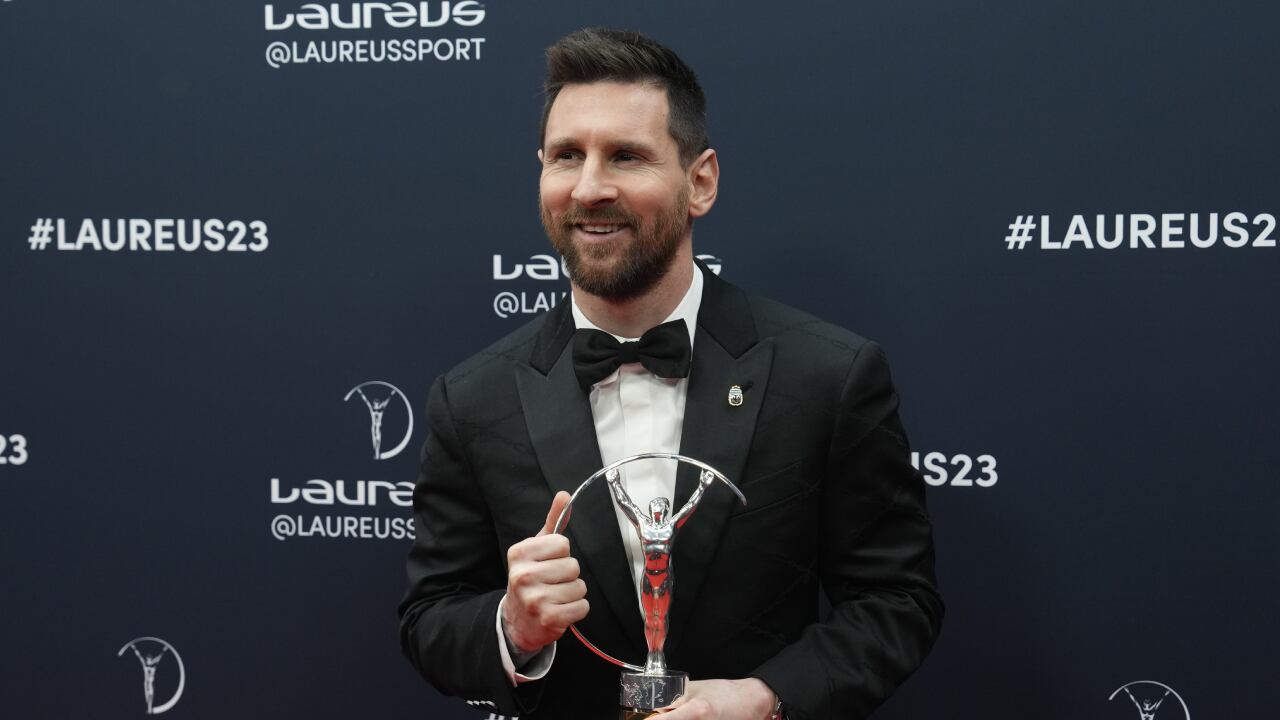 Argentine soccer player Lionel Messi poses after he was presented the award for sportsperson of the year at the Laureus Sports Awards ceremony in Paris, Monday, May 8, 2023. (AP/Lewis Joly)