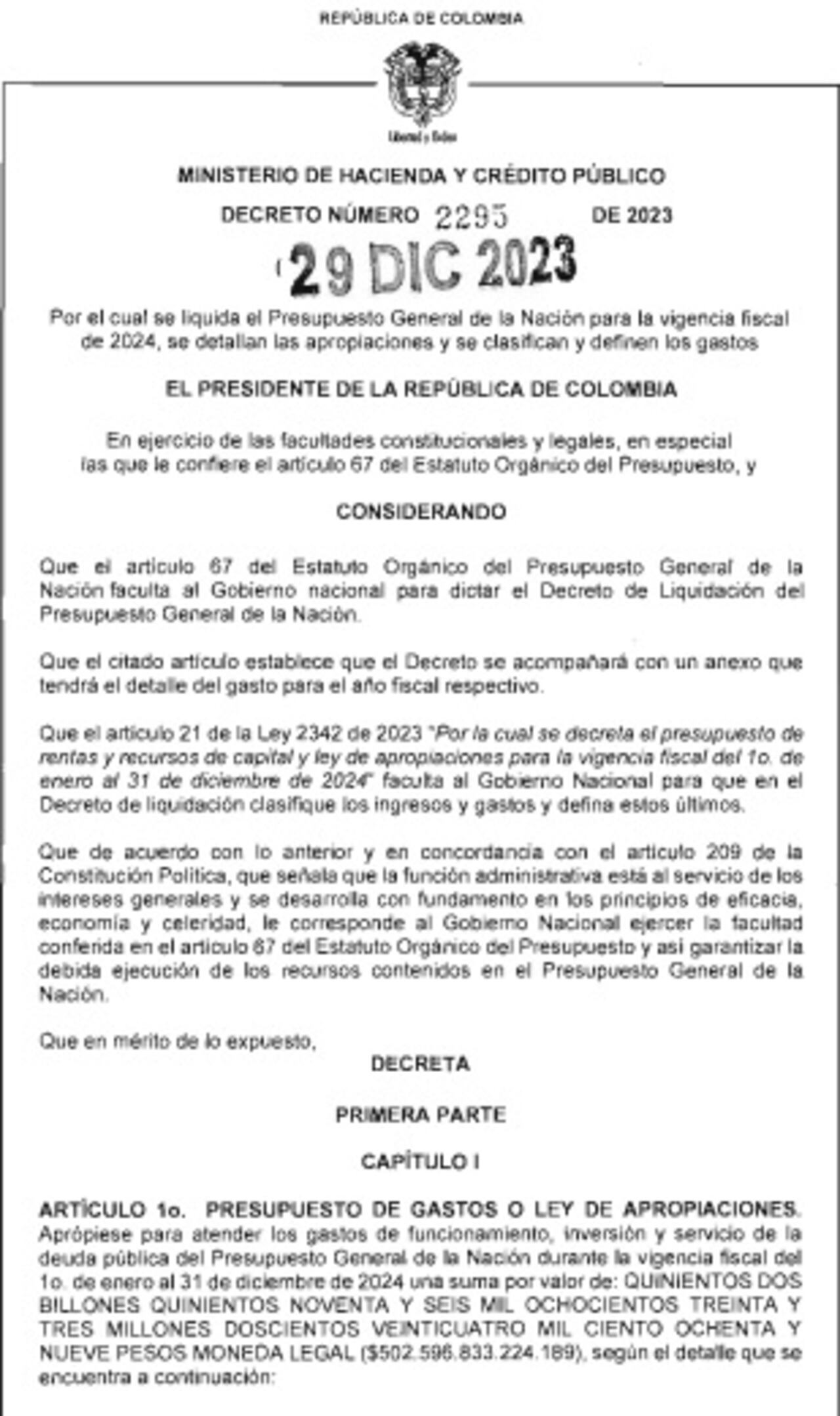 Este es el decreto firmado por el ministro de Hacienda, Ricardo Bonilla, por el que llamarán al ministro a debate de control político.