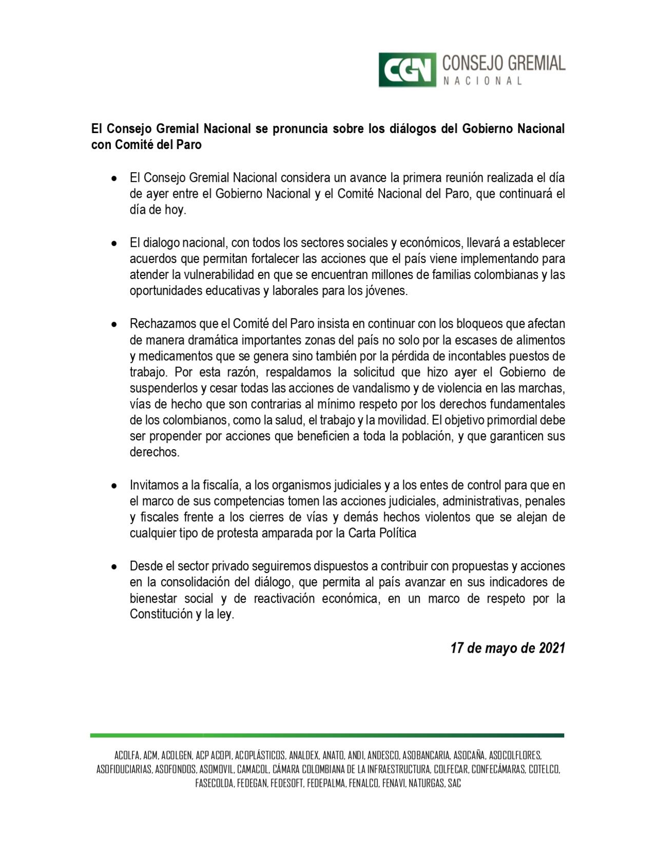 Carta del Consejo Gremial Nacional. Fecha 17 de mayo de 2021