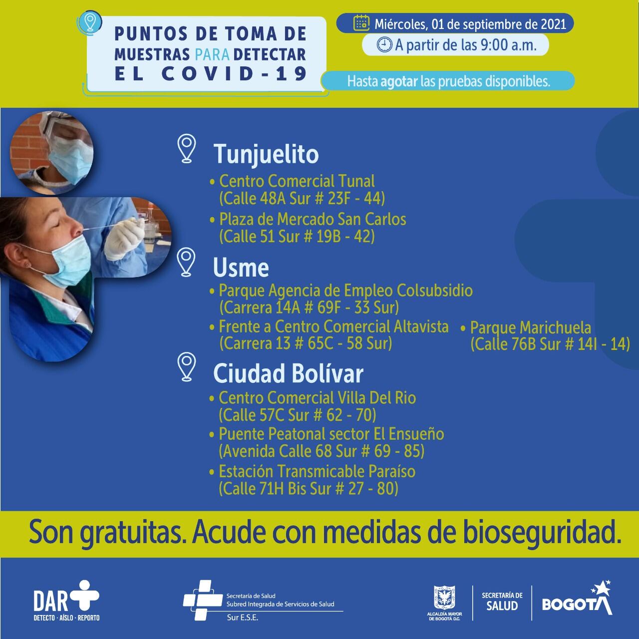 Pruebas gratis de covid 19 hoy 1 de septiembre en Bogotá: estos son los puntos de atención