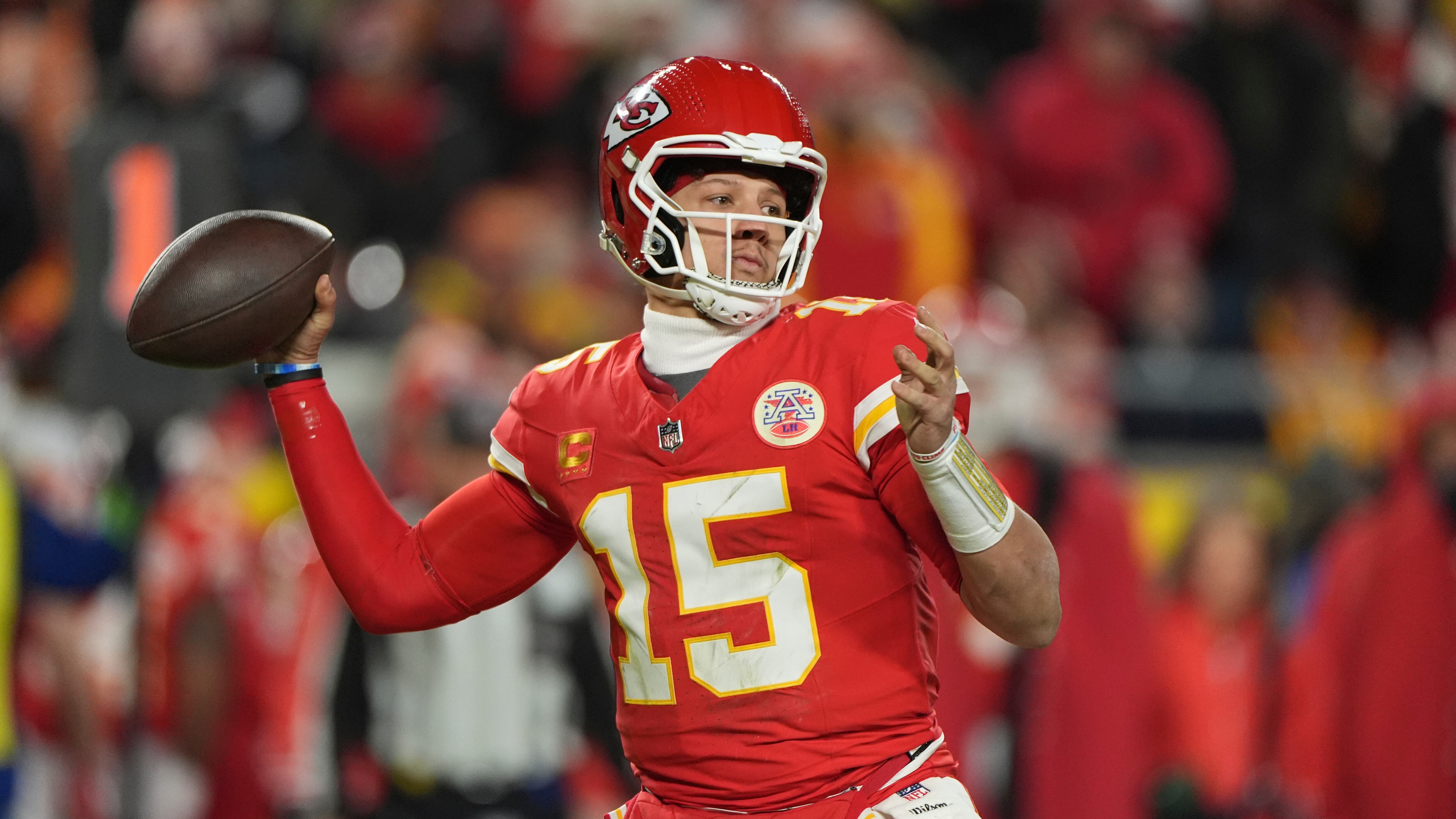 Kansas City Chiefs quarterback Patrick Mahomes throws during the first half of the AFC Championship NFL football game against the Buffalo Bills, Sunday, Jan. 26, 2025, in Kansas City, Mo. (AP Photo/Charlie Riedel)