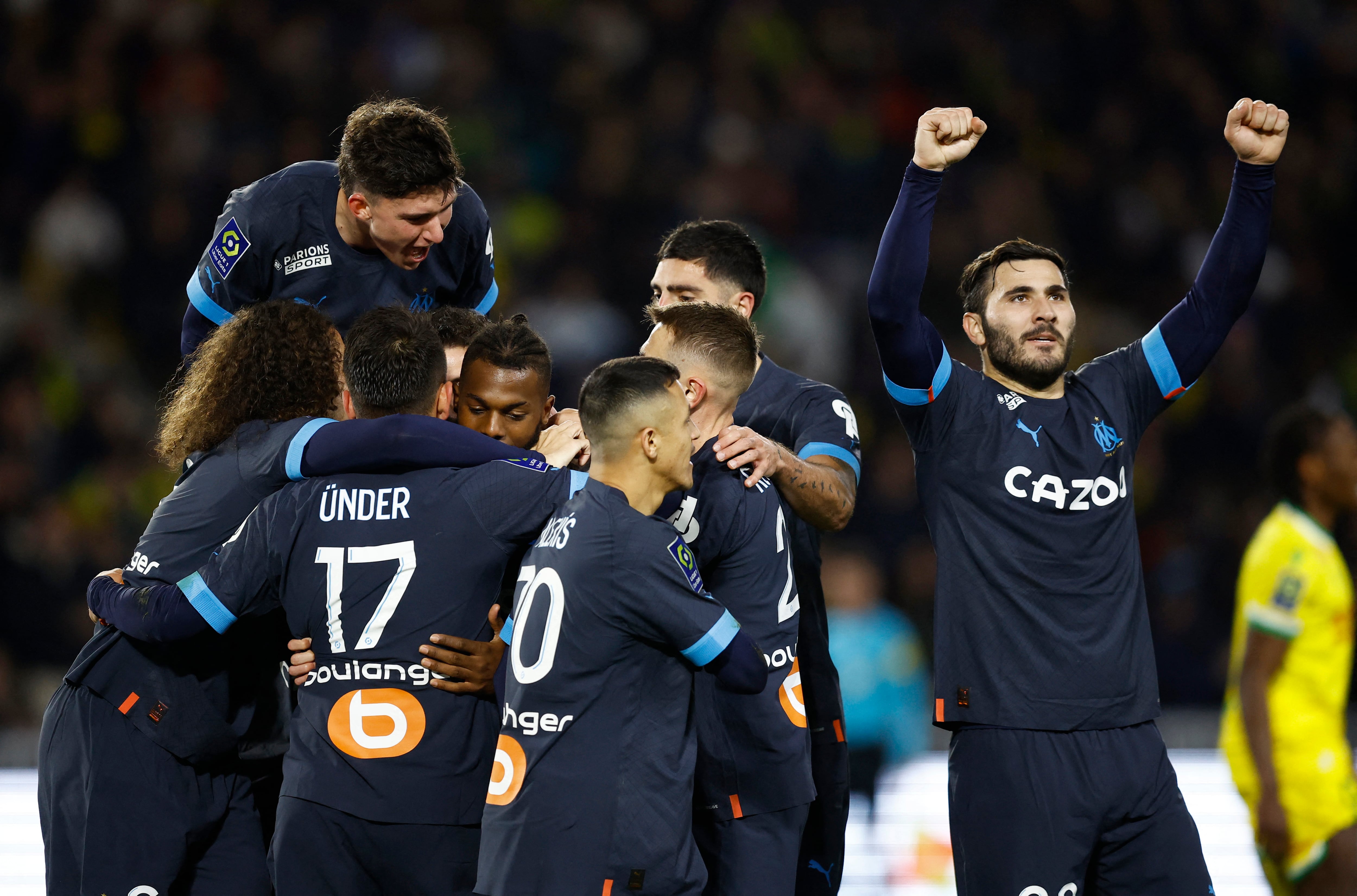 Soccer Football - Ligue 1 - Nantes v Olympique de Marseille - The Stade de la Beaujoire - Louis Fonteneau, Nantes, France - February 1, 2023 Olympique de Marseille's Sead Kolasinac celebrates with teammates after Nantes' Joao Victor scored an own goal and the first for Olympique de Marseille REUTERS/Stephane Mahe