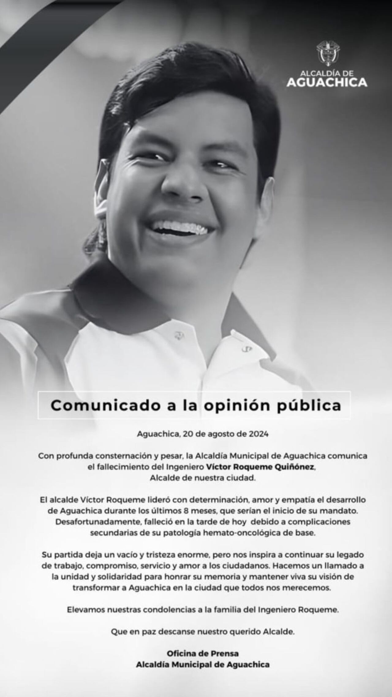 Comunicado de prensa de la alcaldía de Aguachica, Cesar, tras fallecimiento de Víctor Roqueme.
