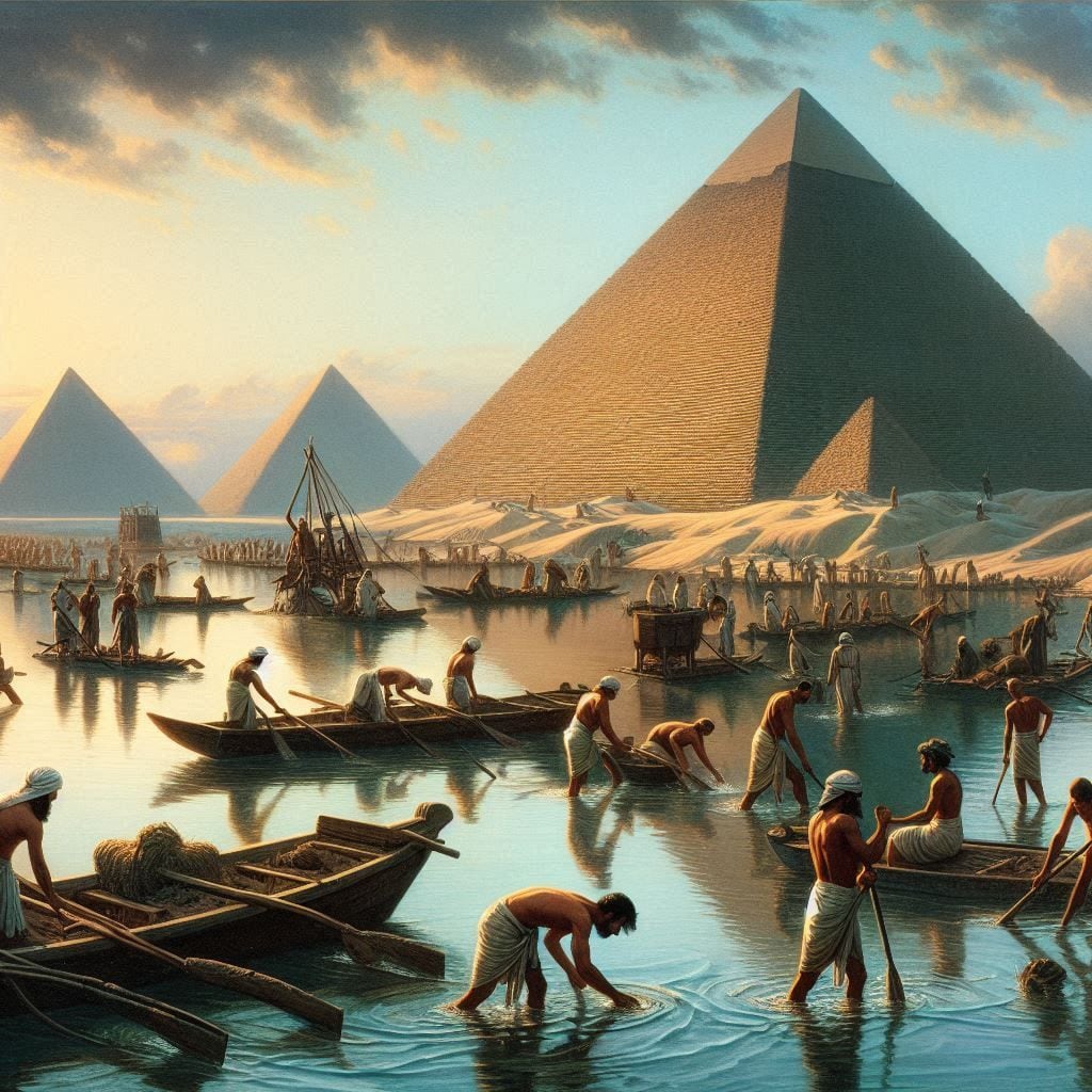 A través de representaciones visuales generadas por inteligencia artificial, se ilustra cómo los campesinos trabajaban en la construcción de las pirámides de Egipto durante la inundación del Nilo, utilizando su tiempo libre de manera ingeniosa.