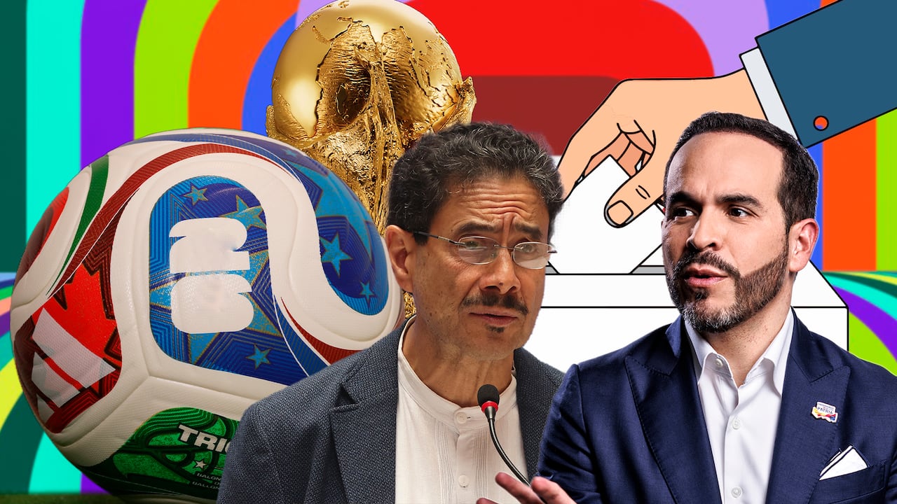 Iván Cepeda y Abelardo de la Espriella, candidatos presidenciales. Al fondo, imágenes de un día de elecciones y del Mundial United 2026.