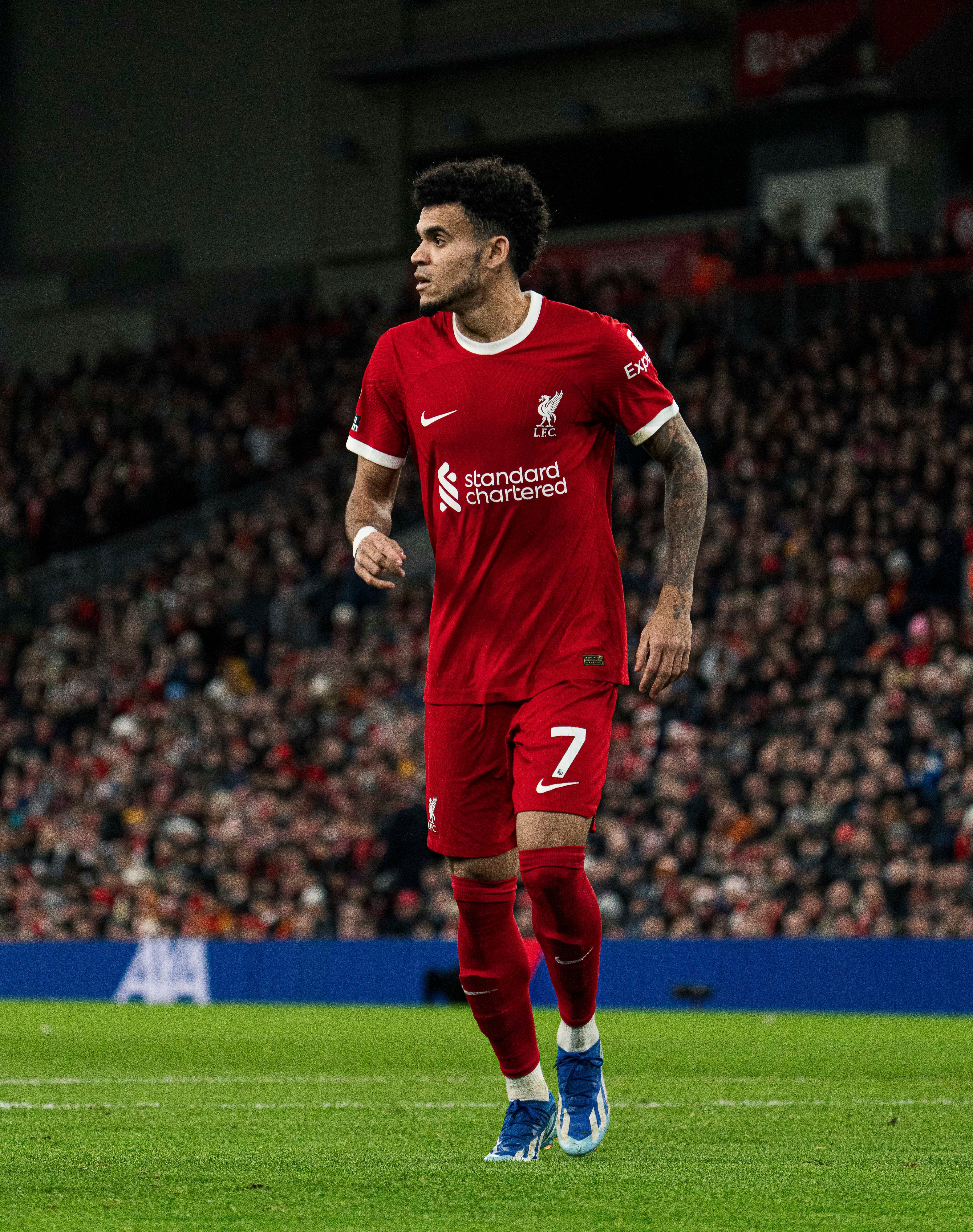 LIVERPOOL, ENGLAND - DECEMBER 23: Luis Díaz of Arsenal looks on during the Premier League match between Liverpool FC and Arsenal FC at Anfield on December 23, 2023 in Liverpool, England. (Photo by MB Media/Getty Images)