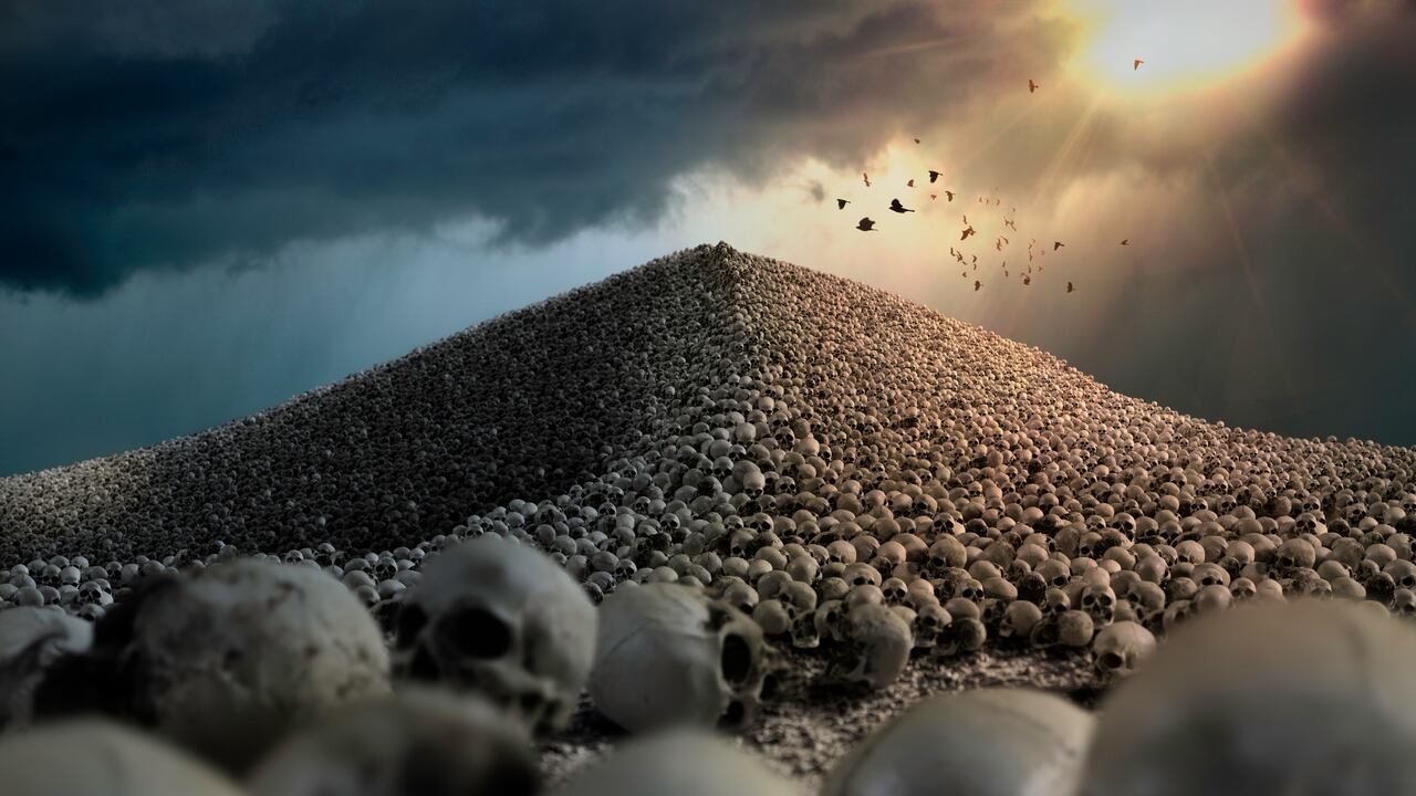 Ilustración que hace referencia al fin de la humanidad, al mostrar una montaña de cráneos.