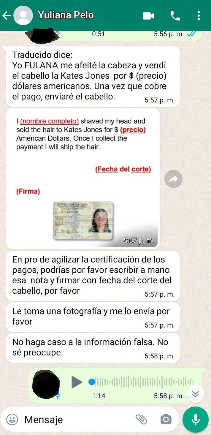 Conversación en la que Ingrid Yuliana solicitó cartas en inglés para agilizar los pagos de los cabellos.