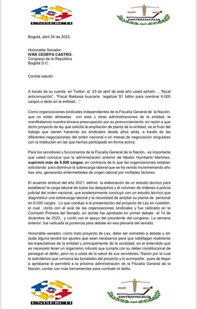 Sindicatos de la Fiscalía la “jalan las orejas” al senador Iván Cepeda