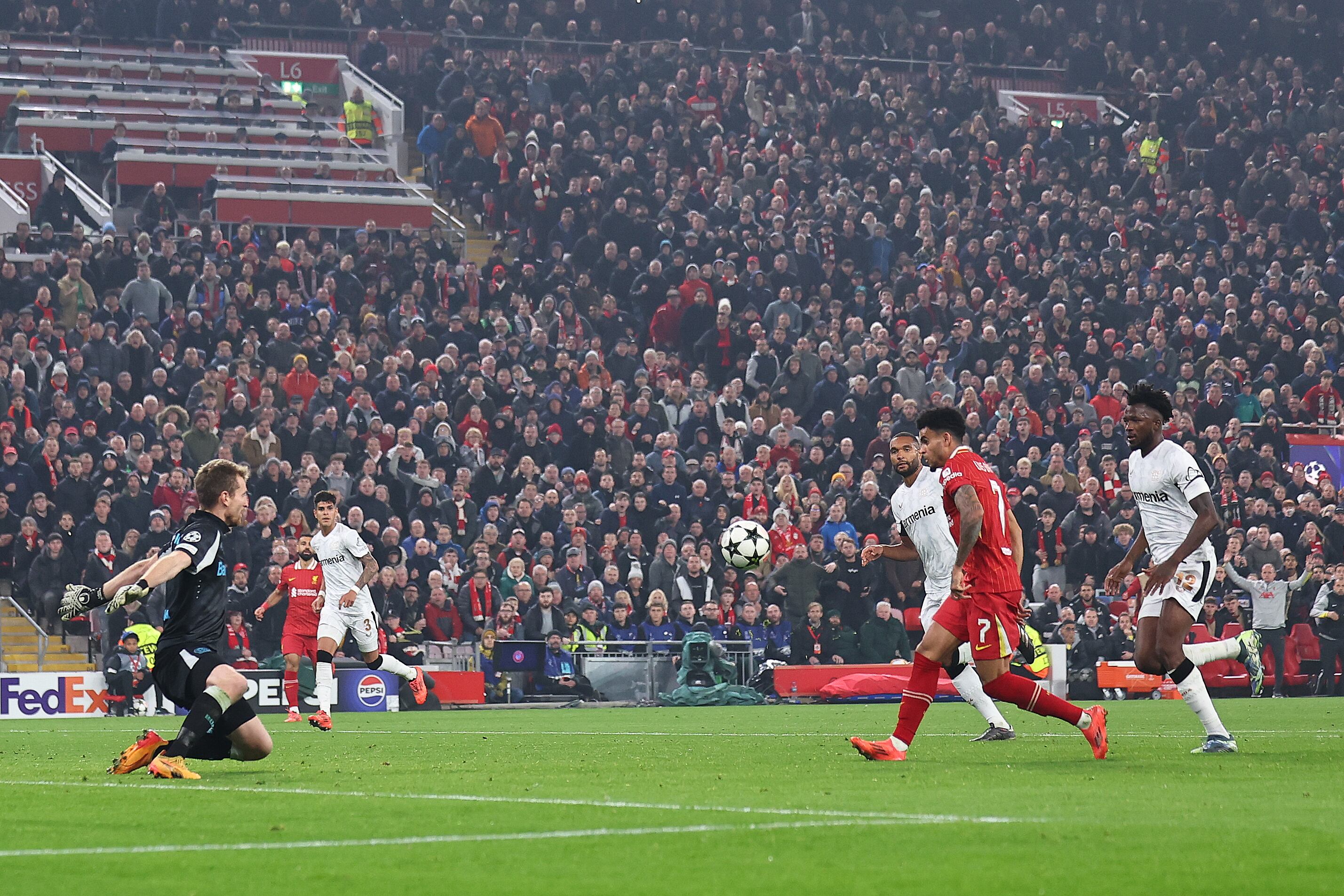 LIVERPOOL, ENGLAND - NOVEMBER 5: Luis Diaz of Liverpool scores a goal to make it 1-0 during the UEFA Champions League 2024/25 League Phase MD4 match between Liverpool FC and Bayer 04 Leverkusen at Anfield on November 5, 2024 in Liverpool, England. (Photo by Robbie Jay Barratt - AMA/Getty Images)