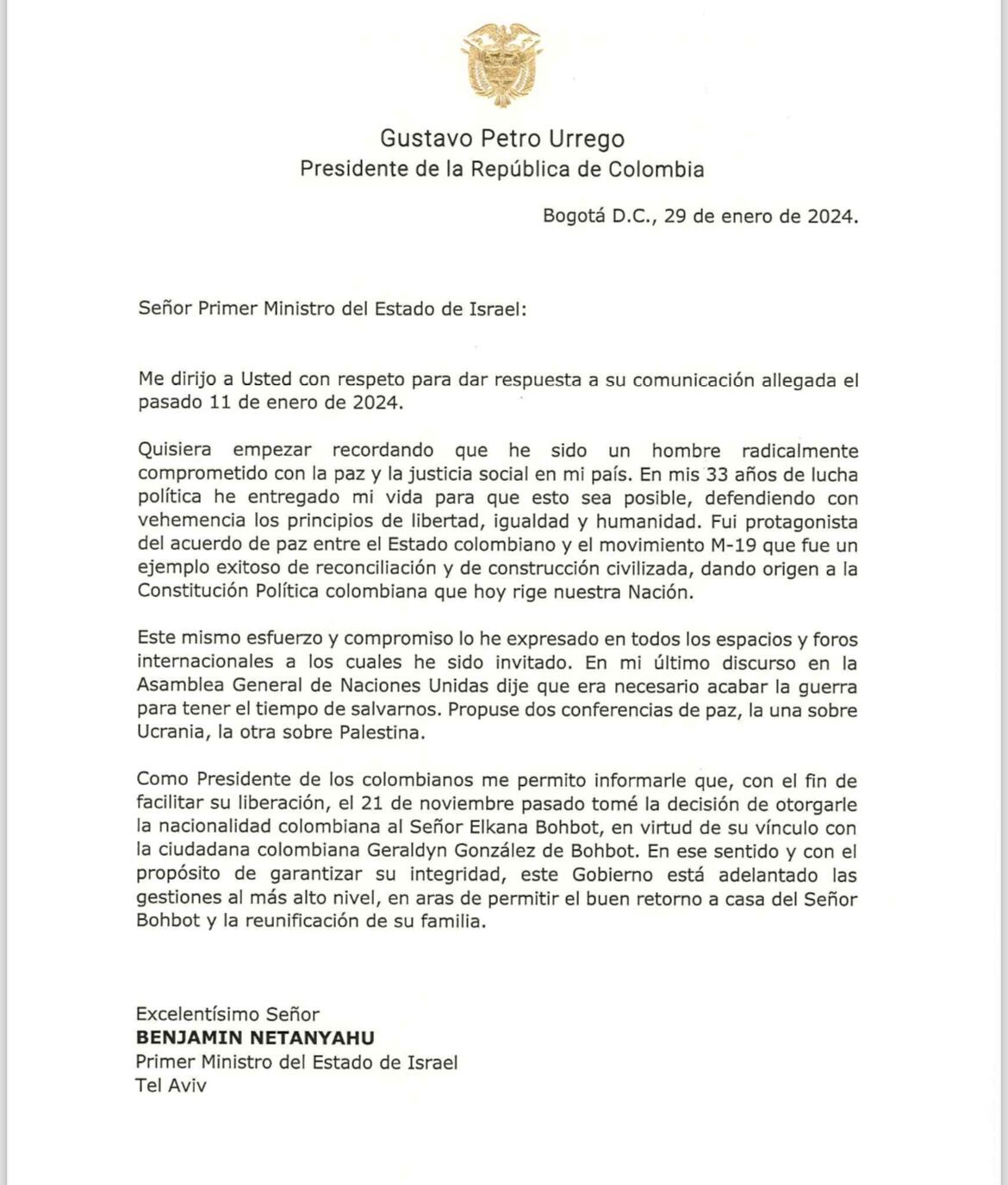 Carta presidente Gustavo Petro al primer Ministro de Israel Benjamín Netanyahu