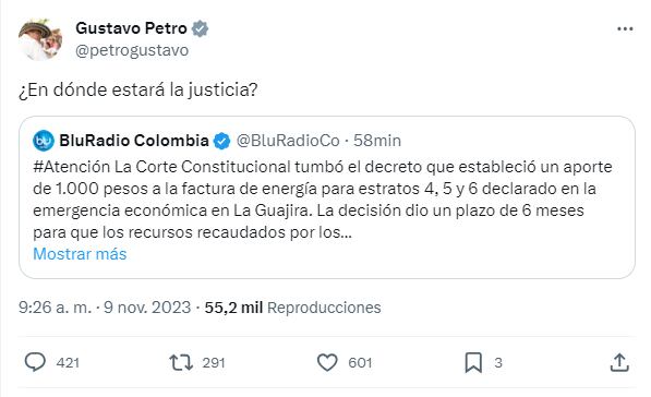 Publicación del presidente Gustavo Petro en su cuenta de X.
