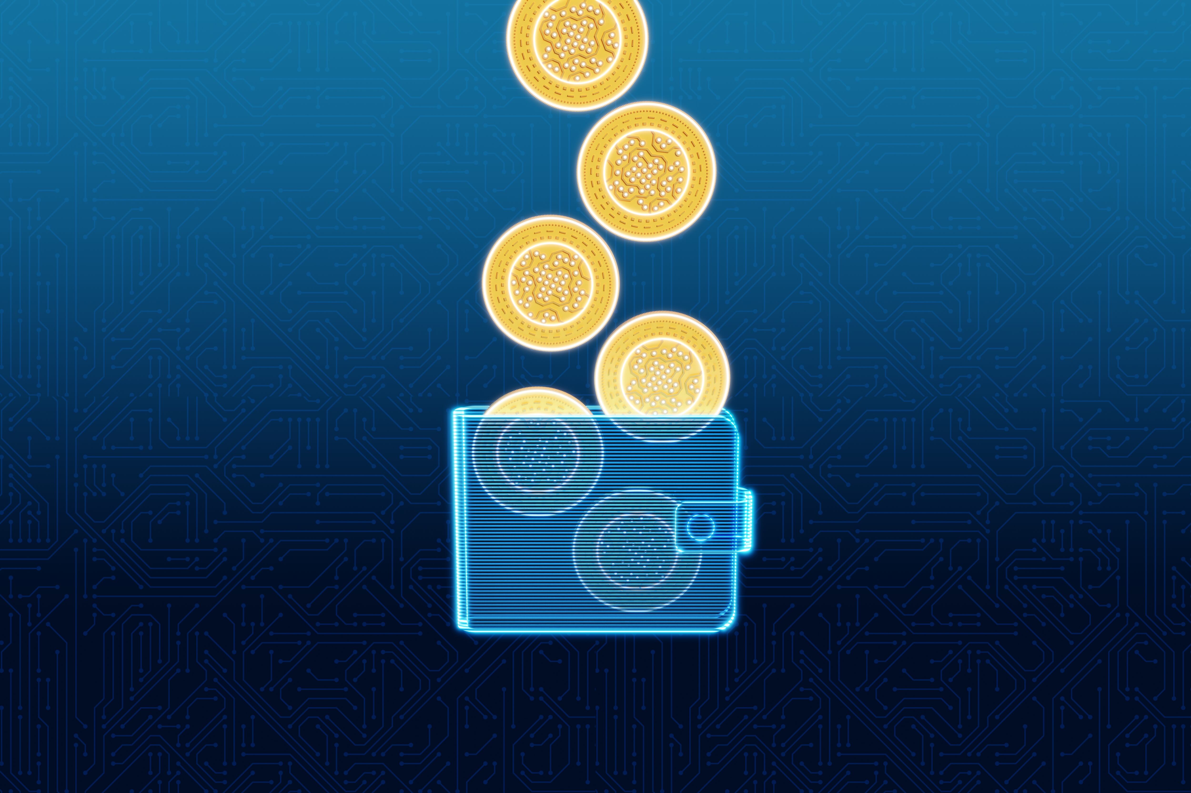 Transferring crypto coins into a digital wallet fusing futuristic finance with secure virtual storage