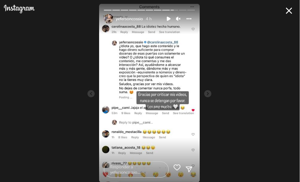 La respuesta de Yéferson Cossio a un usuario que se refirió a él como "la idiotez hecha humano".