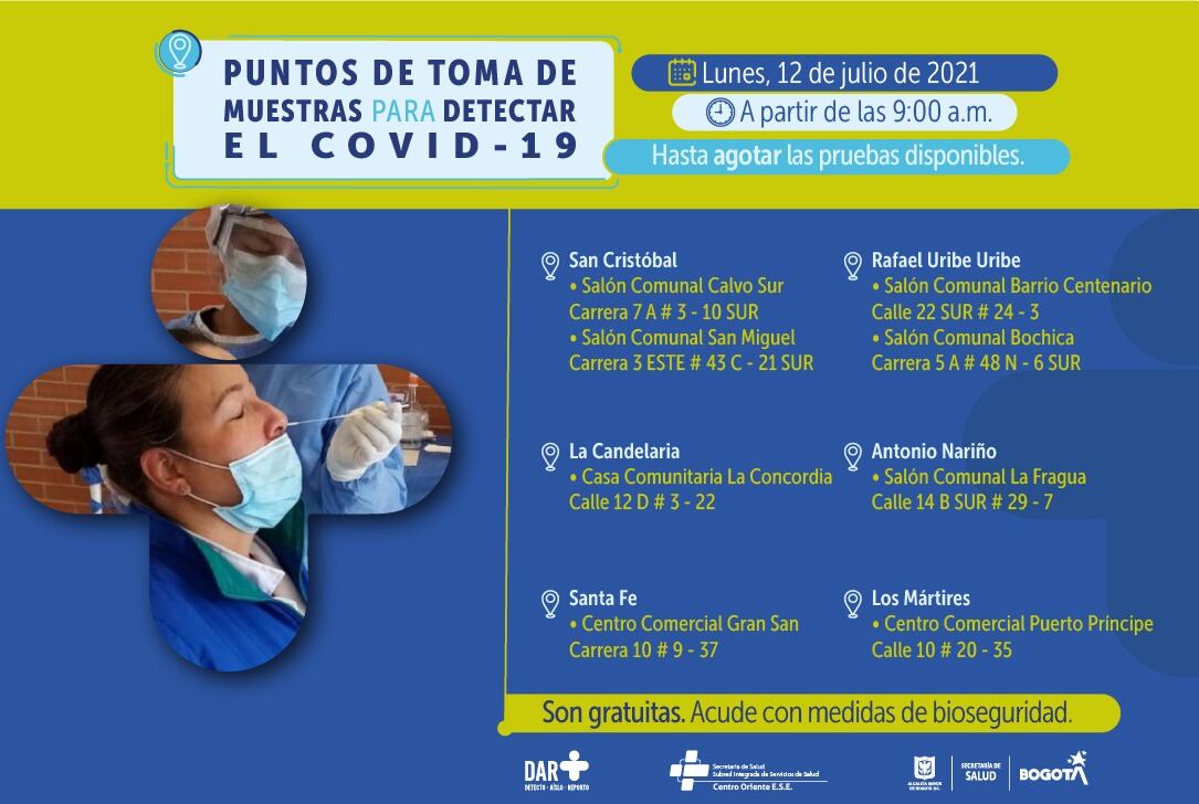 Dónde hay pruebas gratis de COVID en Bogotá hoy 12 de julio:horario y puntos