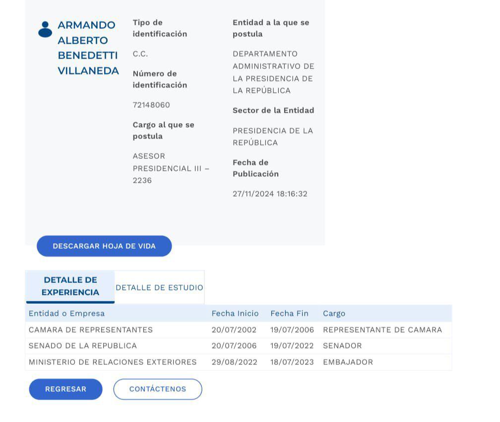 Hoja de vida de Armando Benedetti para el cargo de asesor del presidente Gustavo Petro