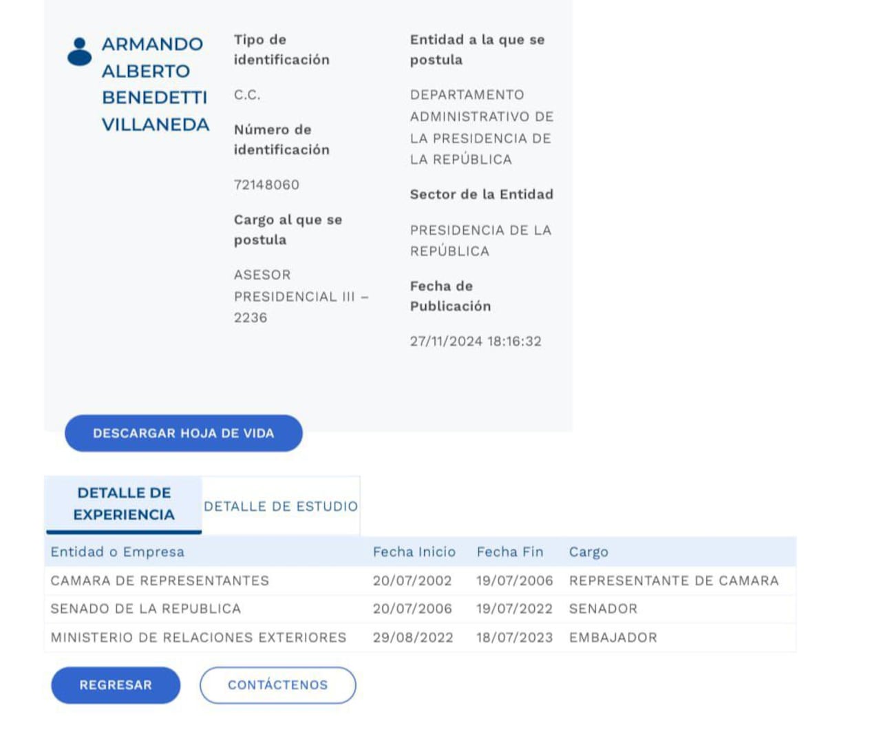 Hoja de vida de Armando Benedetti para el cargo de asesor del presidente Gustavo Petro