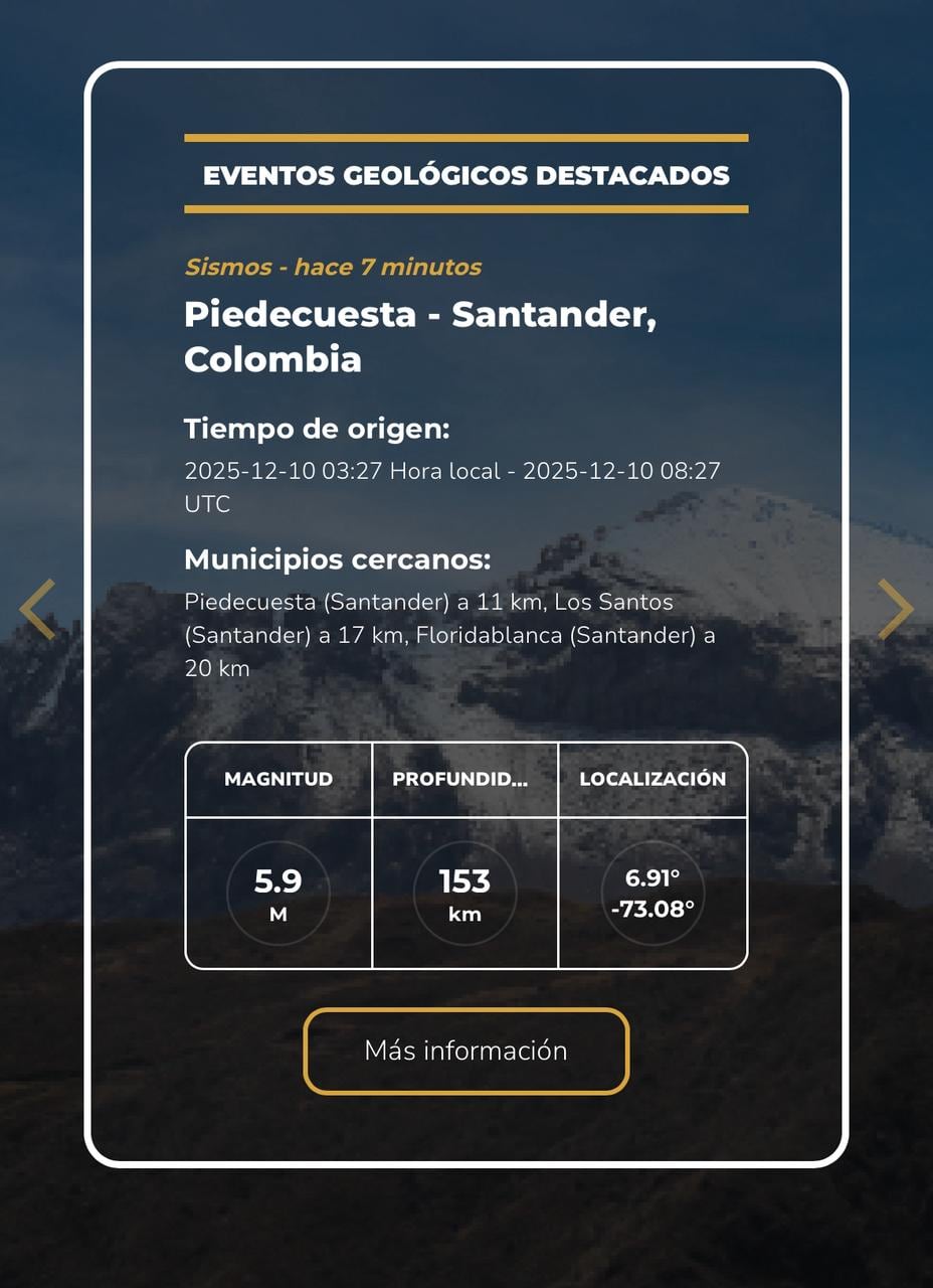 Temblor en Colombia el 10 de diciembre de 2025