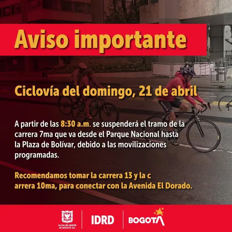 Cierre Ciclovía de Bogotá por marchas del 21 de abril