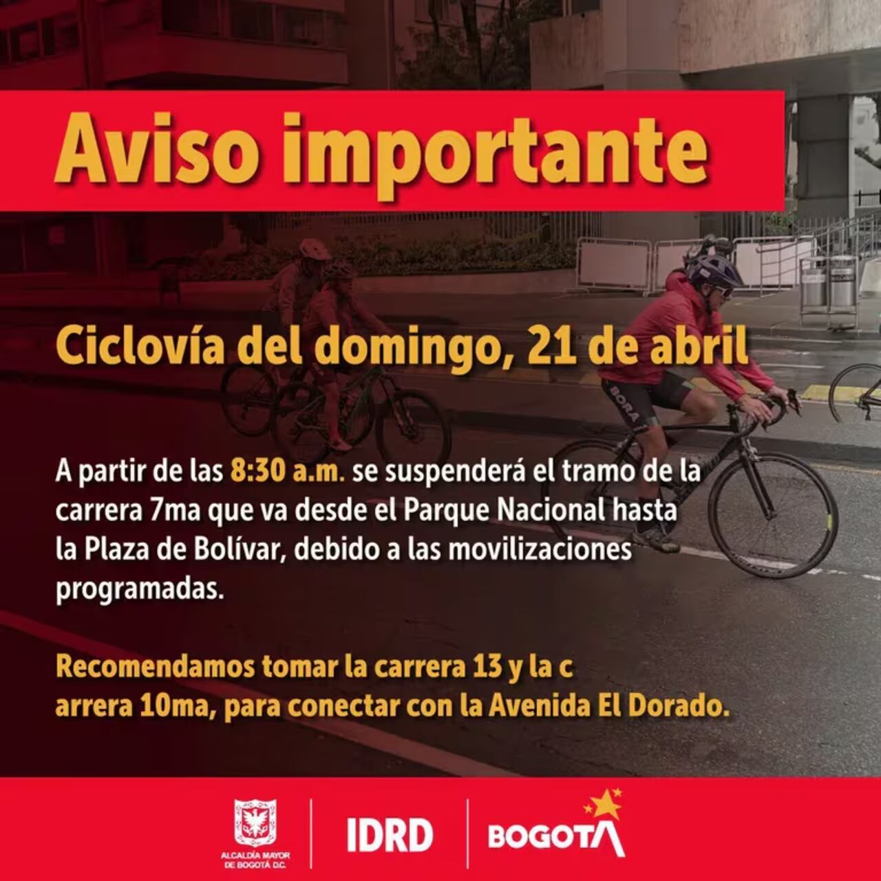 Cierre Ciclovía de Bogotá por marchas del 21 de abril