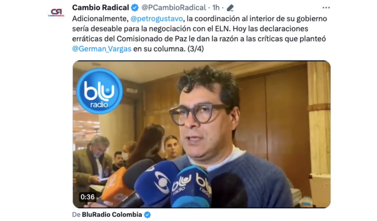 Este es uno de los puntos con los que le respondió Cambio Radical a Gustavo Petro