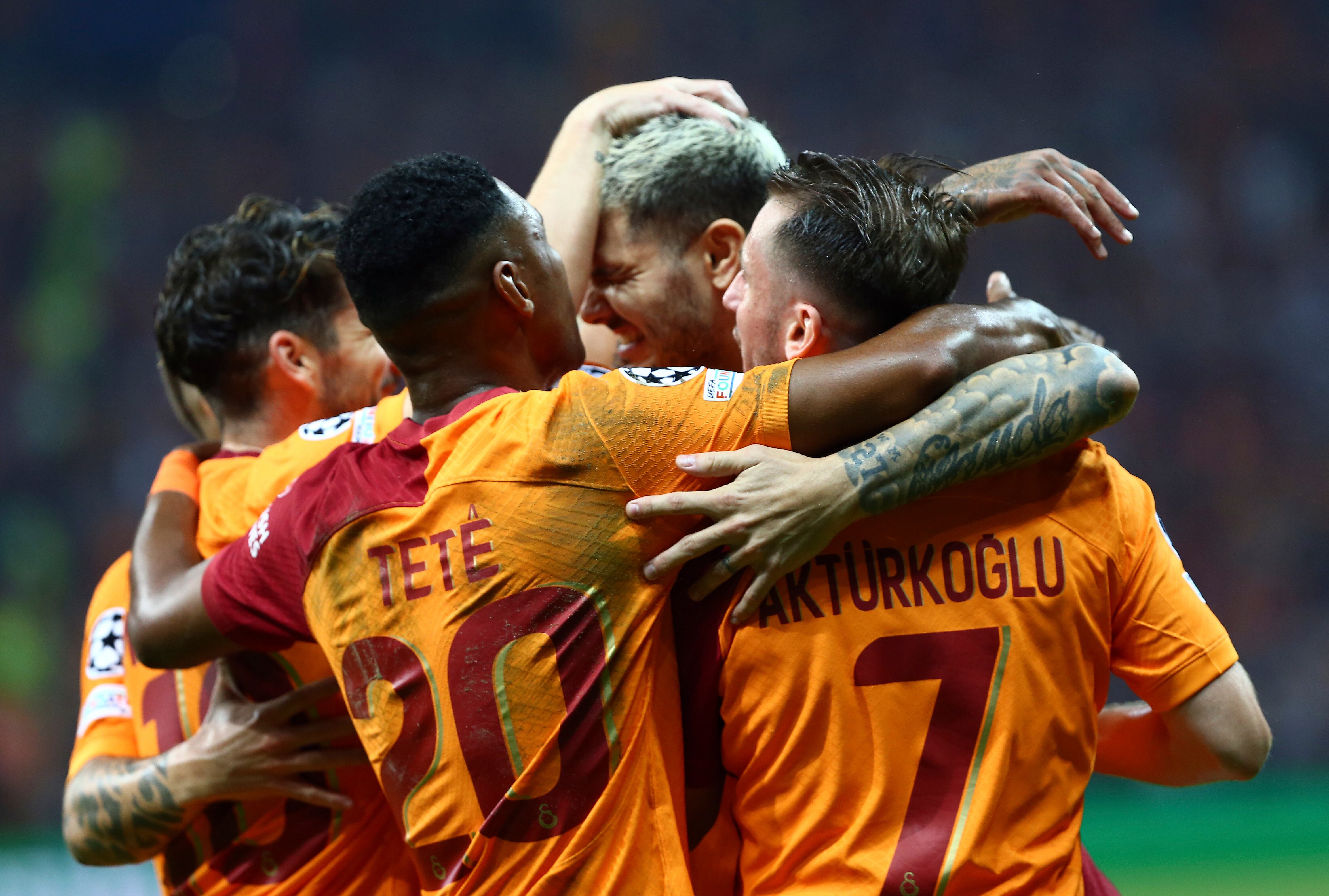 Galatasaray's Mauro Icardi, center, celebrates scoring with teammates during the Champions League soccer match between Galatasaray and Molde in Istanbul, Turkey, Tuesday, Aug. 29, 2023. (dia images via AP)
