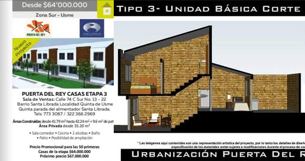 Panfleto de venta de las 110 casas del conjunto residencial "Puerta del Rey" etapa 3, en la localidad de Usme, sur de Bogotá.