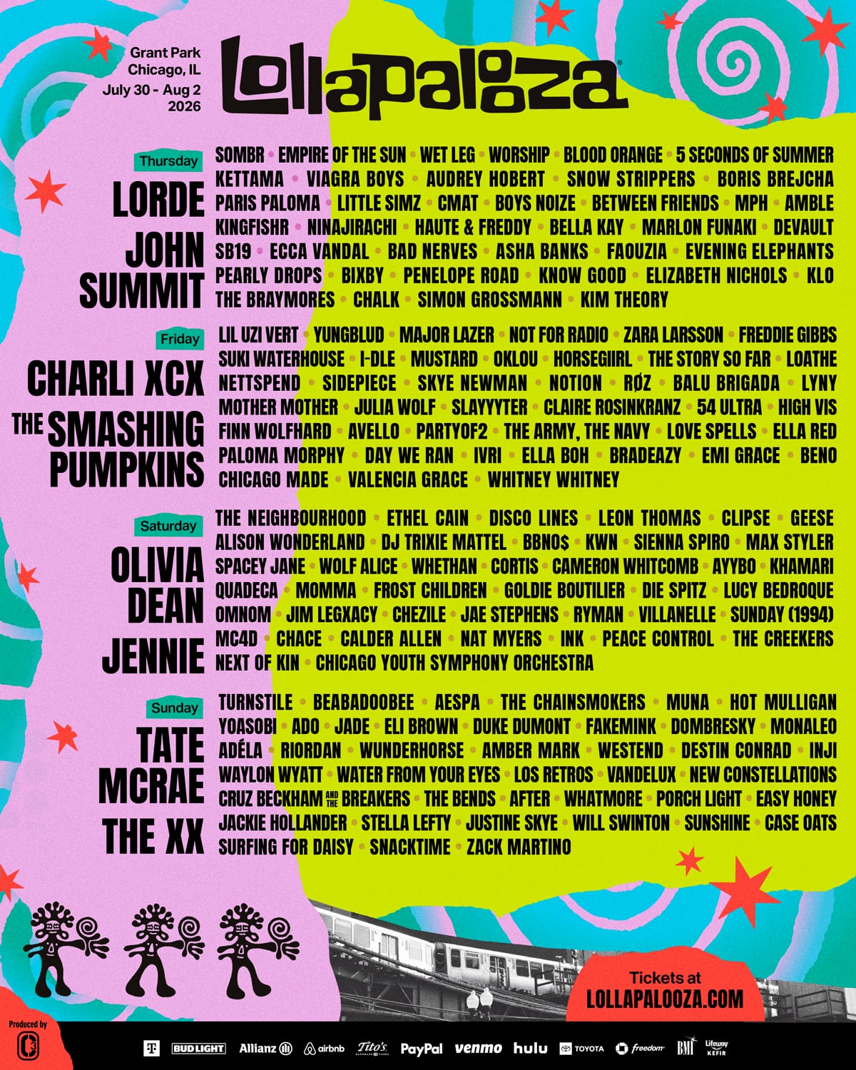 Lollapalooza Chicago 2026 va del jueves 30 de julio al domingo 2 de agosto.